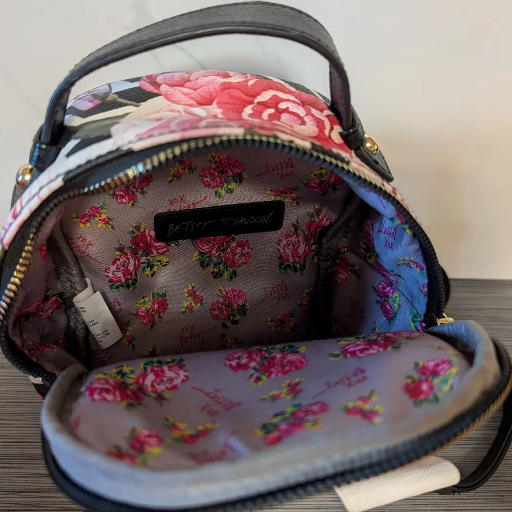 Betsey Johnson Mini Puppy Backpack Floral Rose Print Dog Face Faux Leather Purse
